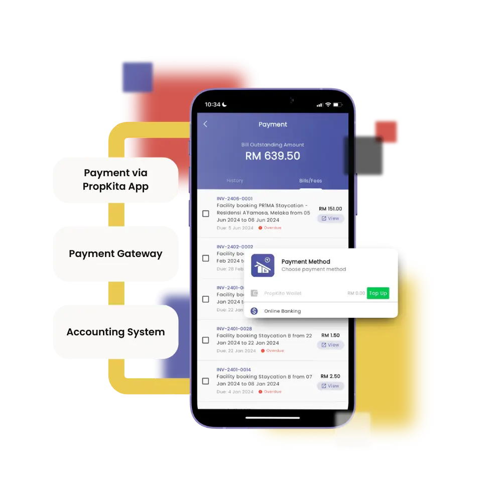 PropKita app showing bills and the payment selection view