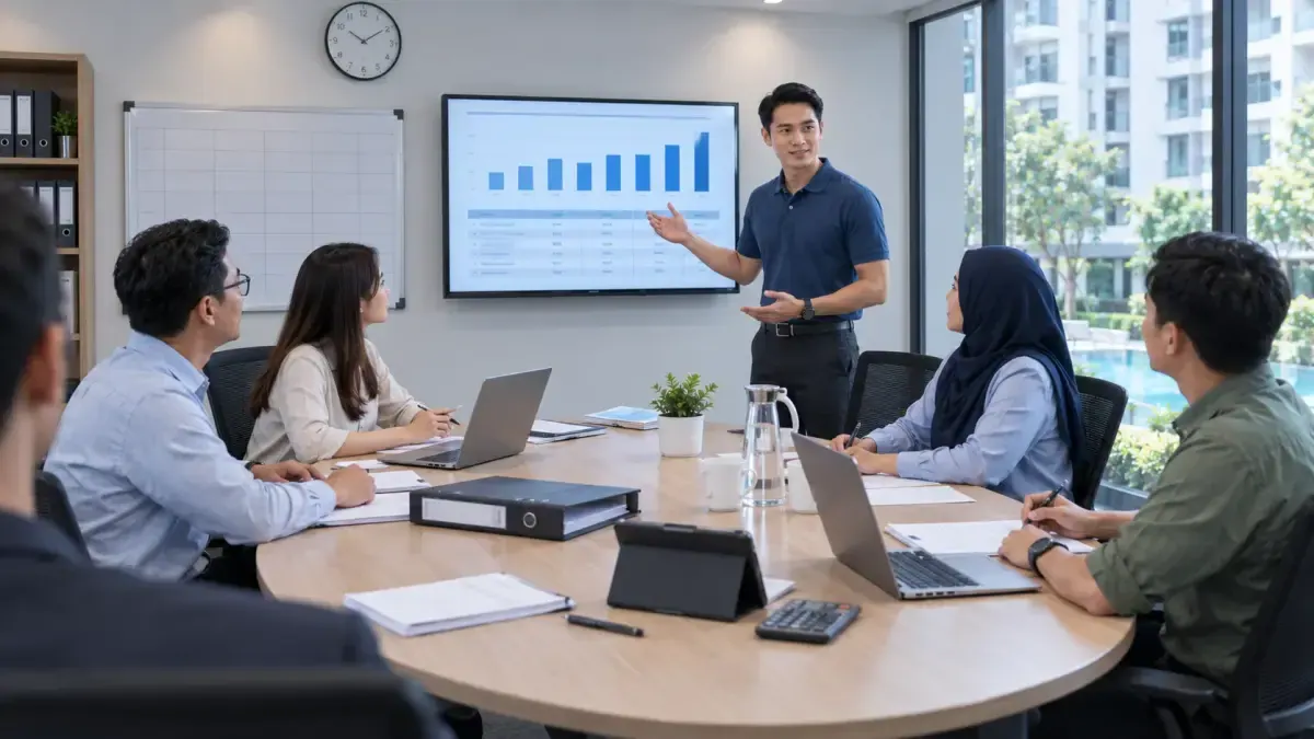 Committee members discussing property operations around a meeting table