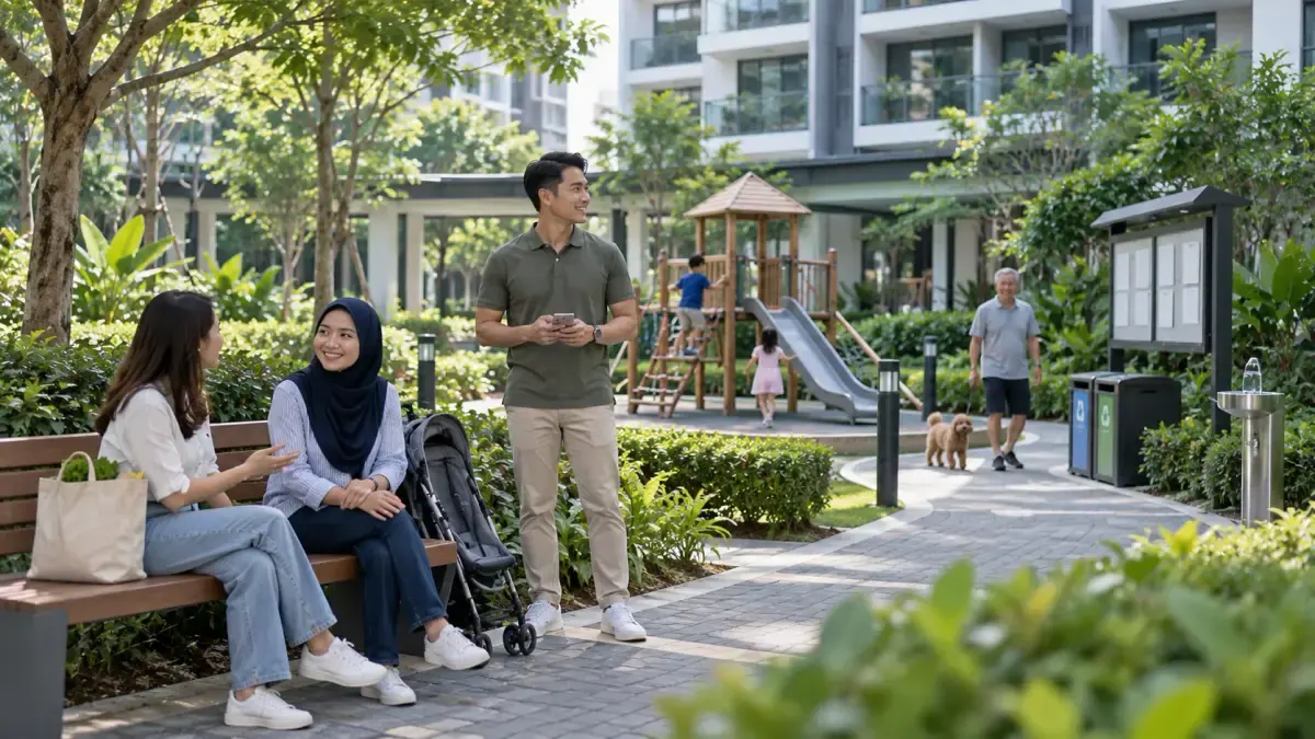 Residents connecting in a landscaped residential courtyard