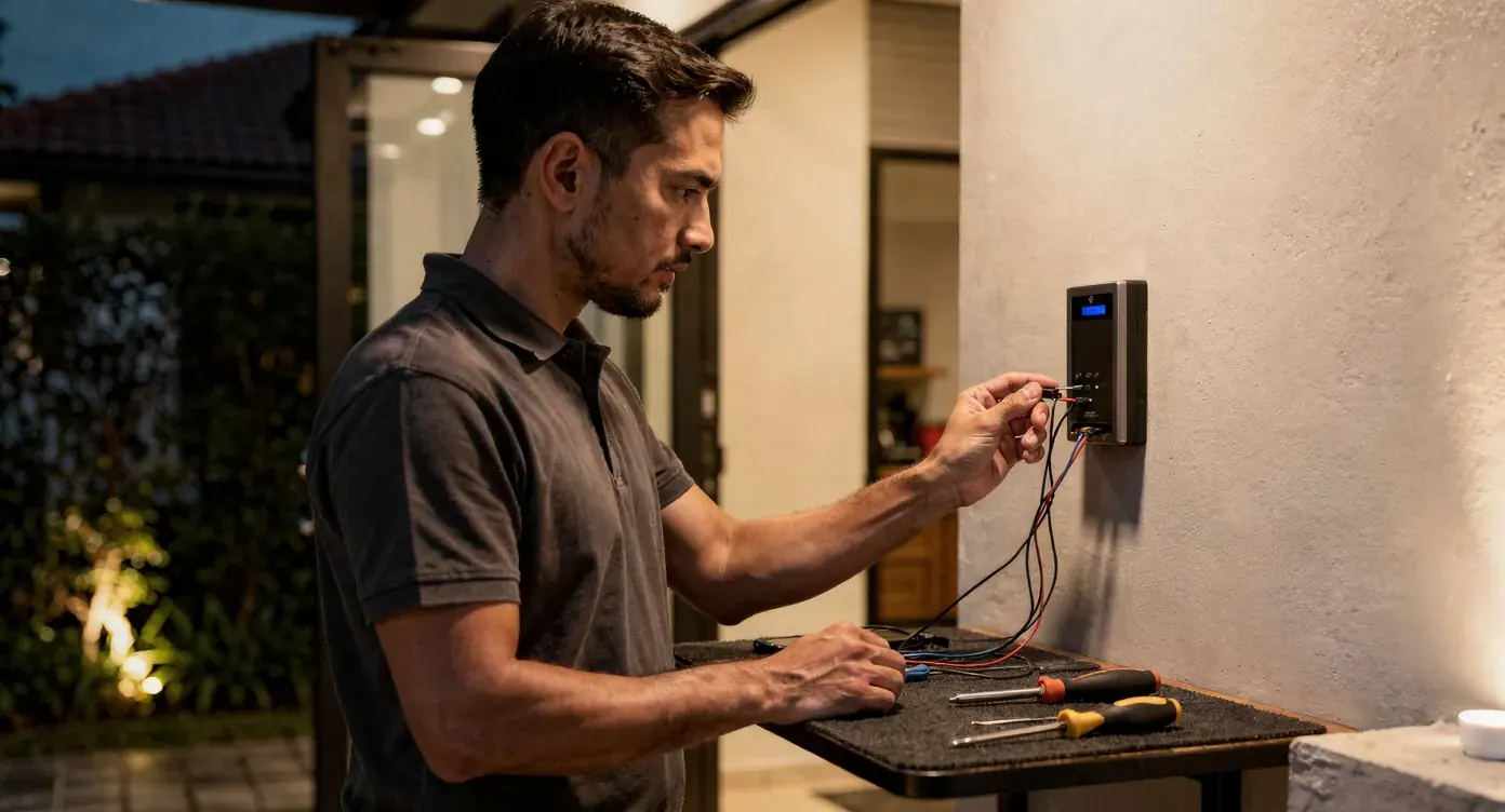 Technician wiring an access control reader at a property entrance