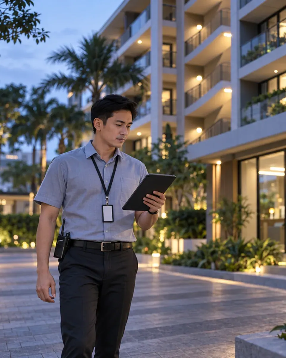 A property manager reviewing work on a tablet