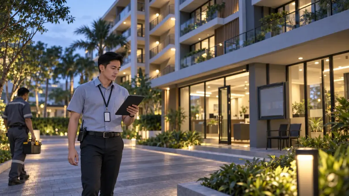 Property manager checking a tablet in a residential courtyard