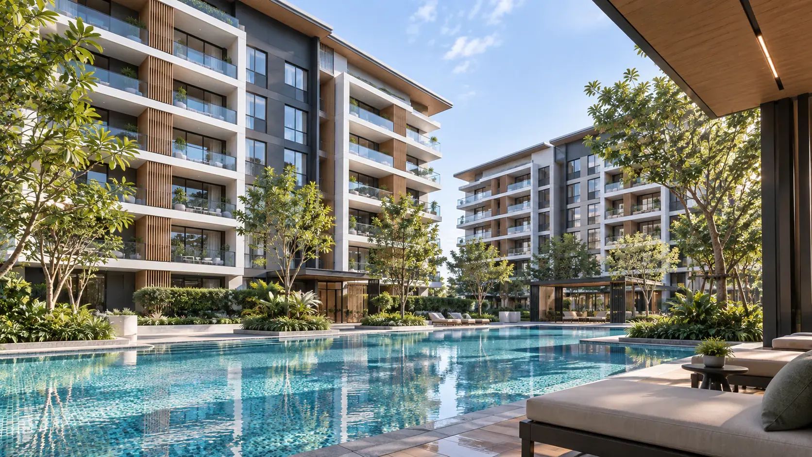Contemporary Malaysian condominium blocks around a landscaped pool